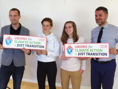 ETUC General Secretary Luca Visentini and Confederal Secretary Ludovic Voet with Anuna de Wever and Adelaide Charlier of the Youth for Climate movement