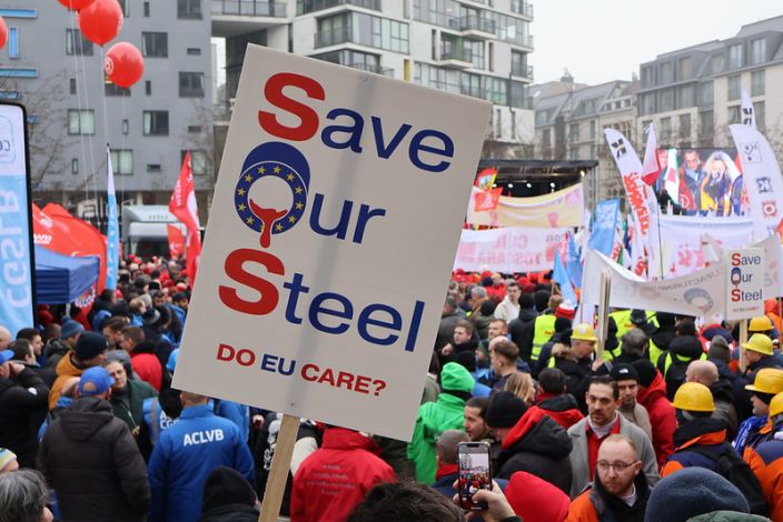 'Save our steel' sign at industriAll Europe demonstration in Brussels on 5 February