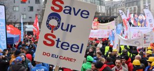 Sign reading 'save our steel' during industriAll Europe demonstration in Brussels on 5 February 2025