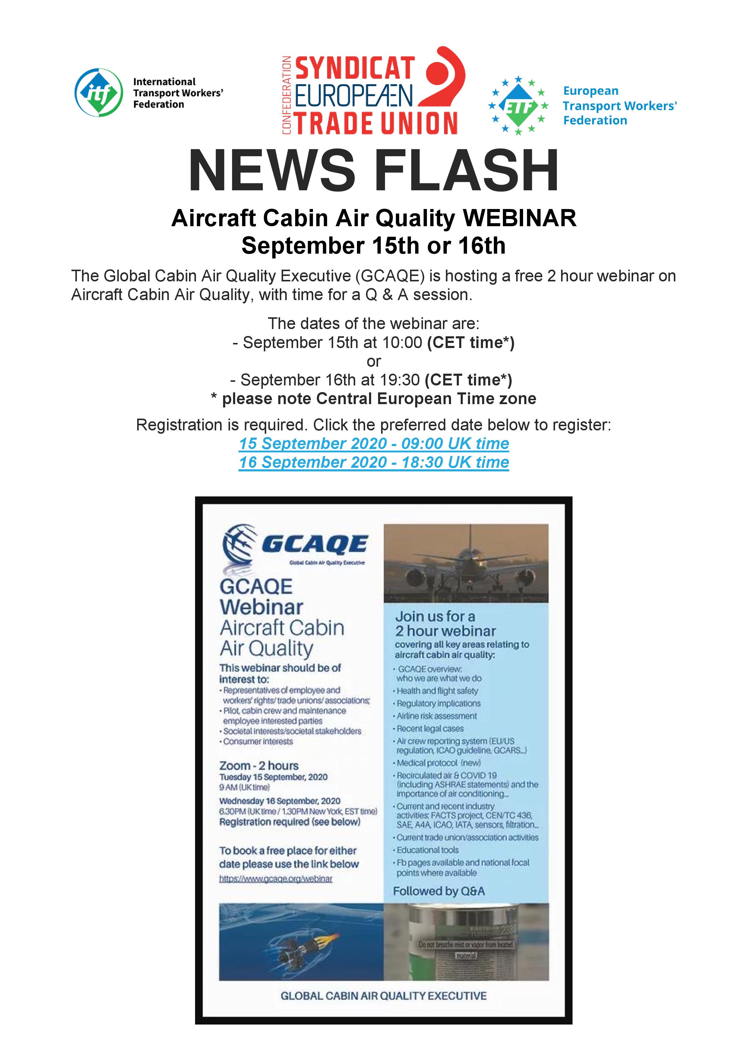 Flyer of the GCAQE Aircraft Cabin Air Quality webinar